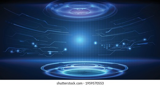 Vector illustrations digital Hall and neon blue hi-tech stage with digital element grid line circuit around for  layout and product showcase. 