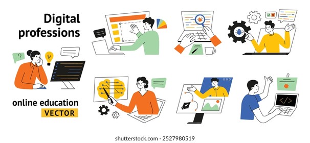 Vector illustrations of digital professions, online education set in flat cartoon style. Characters learning technology, training for programming, AI, web design, courses on data science, coding