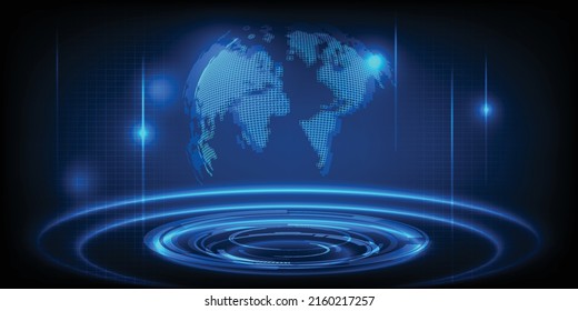 Vector illustrations of digital space with hologram neon blue earth and pedestal stage layout for hi tech showcase,advertising and game artwork.Future technology and innovation concepts.