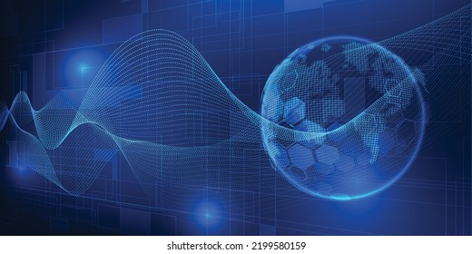 Vector illustrations of digital tech globe flying through wave wireframe represent to innovation data communication technology.Futuristic technology design concepts.