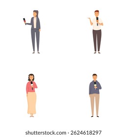 Vector illustrations of diverse business professionals holding modern gadgets