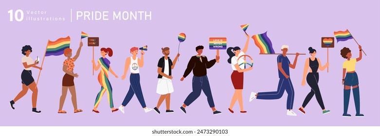 Vector illustrations of diverse individuals celebrating Pride Month with rainbow flags, signs, and symbols of LGBTQ+ pride on a purple background.
