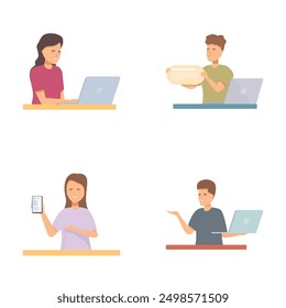 Ilustraciones vectoriales de diversas personas involucradas con computadoras portátiles y teléfonos inteligentes