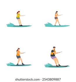 Vector illustrations of diverse individuals enjoying stand up paddleboarding, isolated on white for versatility