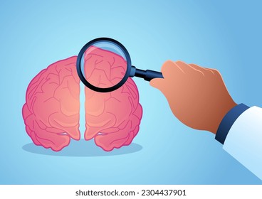 Ilustraciones vectoriales de la mano de un médico analizando un cerebro humano con gafas de aumento. Concepto de neurología