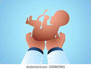 Vector illustrations of a doctors hand holding a fetus, childbirth, obstetrician, abortion concept