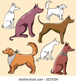 Vector illustrations of dogs in color, and black and white renderings.