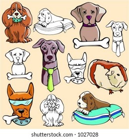 Vector illustrations of dogs and a guinea-pig in color, and black and white renderings.