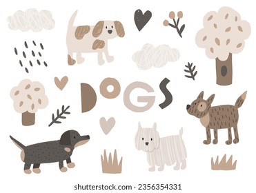 Vector illustrations of dogs, trees, leaves and clouds. Vector hand-drawn doodles. Children autumn illustrations in pastel colors on white background