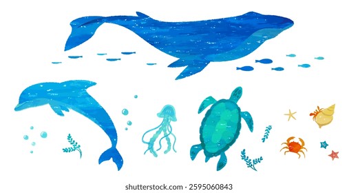 Vector illustrations of dolphins, whales, and other sea creatures drawn in the style of Printmaking.