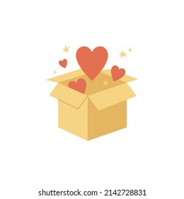 Caja de donación de vectores de ilustraciones con corazones. Concepto de caridad