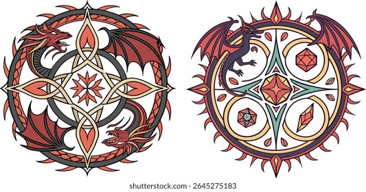 Ilustrações vetoriais de nós celtas dragões desenhos geométricos e ornamentos decorativos.