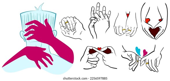 Vector illustrations, drawn doodles, set of hands of people in couple or married with hearts, to: give your love, an invitation to a wedding or an event, promotional campaigns, sales...