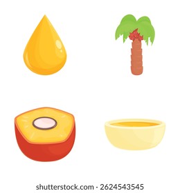 Ilustrações vetoriais de uma gota de suco, uma palmeira, uma fruta de meio corte e uma tigela de frutas