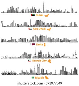 vector illustrations of Dubai, Abu Dhabi, Doha, Riyadh and Kuwait city skylines in black and white color palette with flags and maps of United Arab Emirates, Qatar, Kuwait and Saudi Arabia