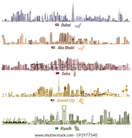 vector illustrations of Dubai, Abu Dhabi, Doha, Riyadh and Kuwait city skylines in different bright color palettes with flags and maps of United Arab Emirates, Qatar, Kuwait and Saudi Arabia