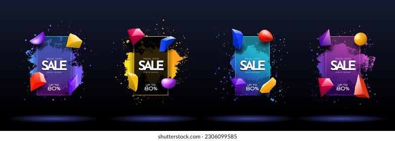 Vector illustrations. Dynamic abstract colorful frames set. Gradient brush strokes. 3d geometric shapes. Paint splash. Design elements for web banners, posters, covers, magazines, discount cards