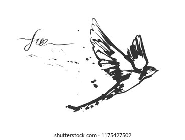 Vector illustrations of a dynamic flying swallow bird. Modern splashing ink sketchy painting artwork. Monochrome black and white drawing. Perfect or t-shirt print.