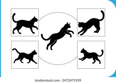 Ilustraciones vectoriales de gatos de caza dinámicos saltando, corriendo y escalando, capturando su agilidad y energía. Perfecto para proyectos de diseño animados y enérgicos.