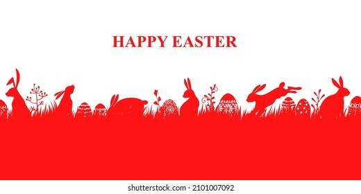 Vector illustrations of Easter banner with bunnies and eggs on the lawn