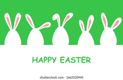 Vector illustrations of Easter banner with eggs decorated with rabbit ears on green background