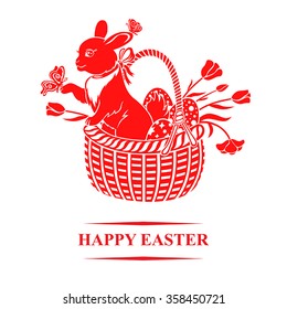 Vector illustrations of Easter card with bunny in basket with decorative eggs

