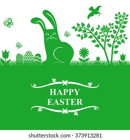 Vector illustrations of Easter card with bunny and eggs on meadow on green background

