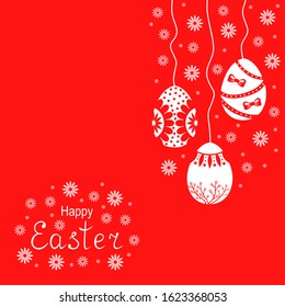 Vector illustrations of Easter card with decorative eggs hang on red background