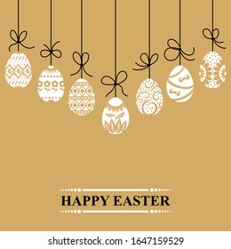 Vector illustrations of Easter card with decorative eggs hang on gold background