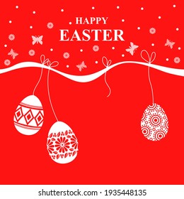 Vector illustrations of Easter card with decorative eggs hang on red background
