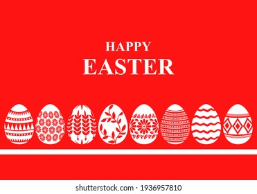 Vector illustrations of Easter card with decorative eggs on red background