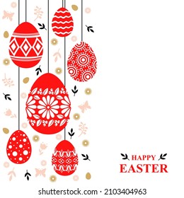 Vector illustrations of Easter card with decorative eggs hanging on strings