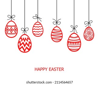 Vector illustrations of Easter card with decorative red eggs hanging on strings