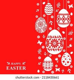 Vector illustrations of Easter card with decorative eggs hanging on strings on red background