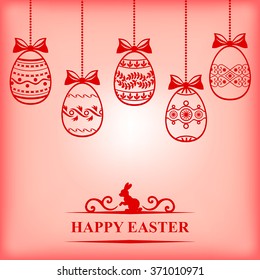 Vector illustrations of Easter card with decorative eggs hanging on pink blur background