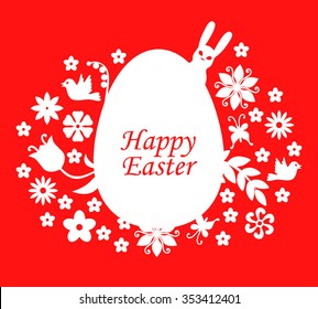 Vector illustrations of Easter card egg decorated floral element on red background