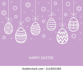 Ilustraciones vectoriales de la tarjeta de Pascua con huevos colgados sobre fondo morado floral