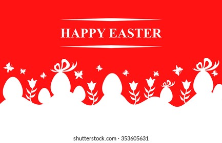 Vector illustrations of Easter card with eggs and flowers on red background