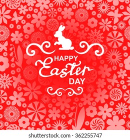 Vector illustrations of Easter card with greeting text on pink floral background