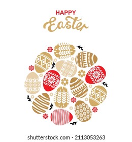 Vector illustrations of Easter card with round decorative ornament of eggs