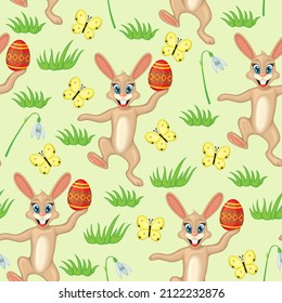 Vector illustrations of Easter cartoon pattern seamless with eggs and bunnies on meadow