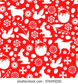 Vector illustrations of Easter cartoon symbol pattern seamless on red background