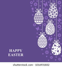 Vector illustrations of Easter decorative eggs hanging card with flowers on violet background