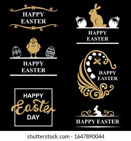 Vector illustrations of Easter decorative greeting icon set on black background