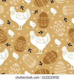 Vector illustrations of Easter decorative pattern seamless with eggs, hens and chickens