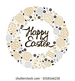 Vector illustrations of Easter decorative round card with flowers, eggs and butterflies