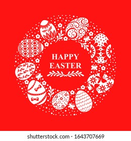 Vector illustrations of Easter decorative round frame on red background