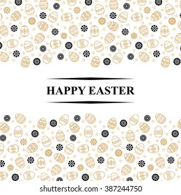 Vector illustrations of Easter golden ornamental background of decorative eggs and flowers isolated on white background