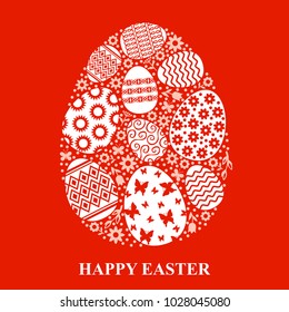 Vector illustrations of Easter greeting card with decorative egg of eggs on red background