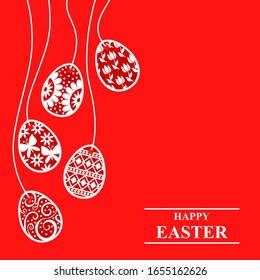 Vector illustrations of Easter greeting card with decorative eggs hang on red background